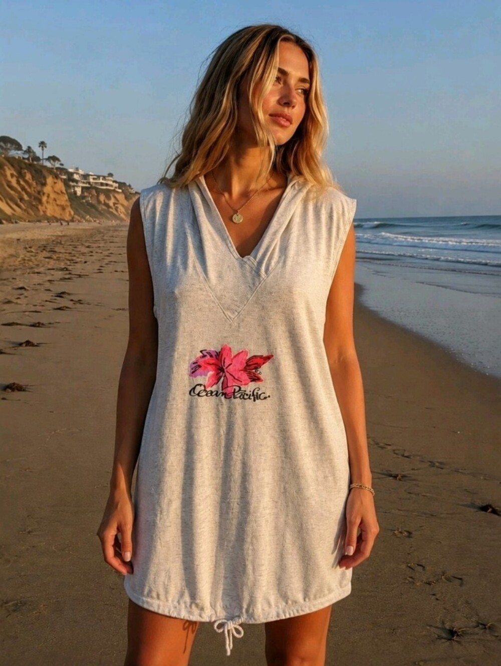 Vintage 90s Gray Ocean Pacific OP Hooded Beach Cover Up Size L Y2K Swim Summer